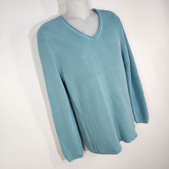 Chico’s Sweater Women’s Size 1 Medium Silk Blend V Neck Teal Cable Knit Preppy - Picture 4 of 8